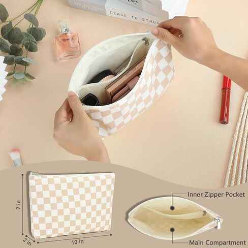 Checkered Makeup Bag, Travel Cosmetic Bag Organizer Toiletry Bag Make Up Bags with Zipper & Compartments for Women Girls in Kuwait