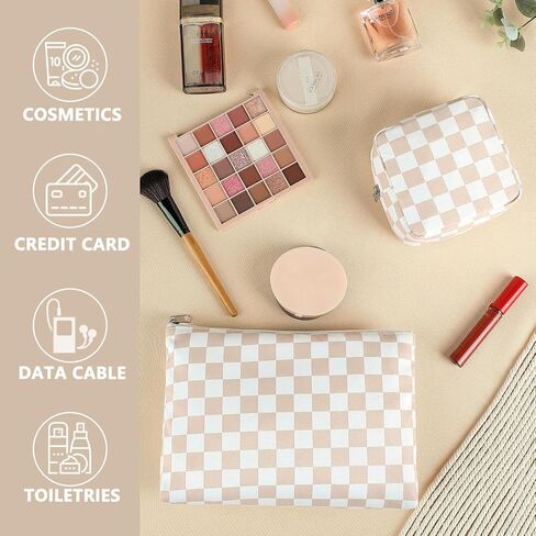 Checkered Makeup Bag, Travel Cosmetic Bag Organizer Toiletry Bag Make Up Bags with Zipper & Compartments for Women Girls in Kuwait