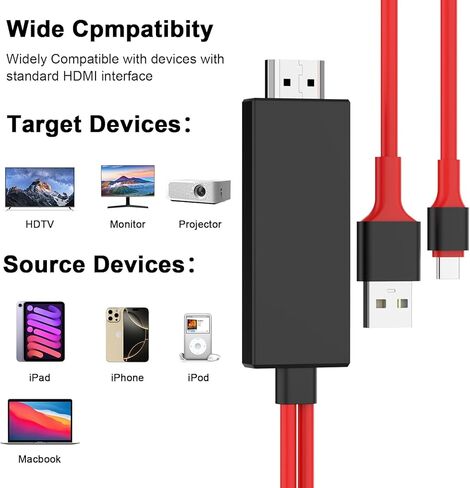 محول USB C إلى HDMI لهاتف iPhone 16 إلى التلفزيون، [معتمد من Apple MFi] كابل موصل شاشة AV رقمي USB من النوع C 1080P 4K لهاتف iPhone 16/16 Plus/16 Pro/16 Pro Max/15 إلى شاشة عرض HDTV in Kuwait