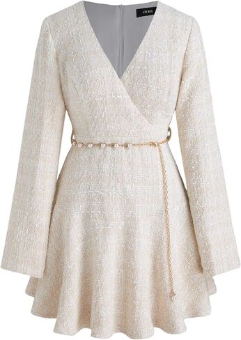 CIDER Long Sleeve Mini Dress Tweed V Neck Faux Pearl Solid Party Cocktail Elegant Dress in Saudi Arabia
