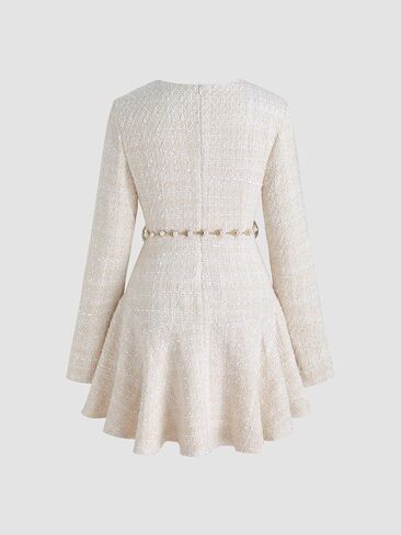 CIDER Long Sleeve Mini Dress Tweed V Neck Faux Pearl Solid Party Cocktail Elegant Dress in Saudi Arabia