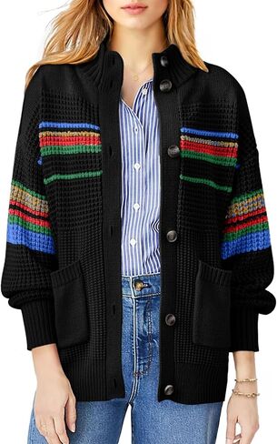 Dokotoo Womens Cardigan Sweaters Long Sleeve Casual Striped Color Block Cable Knit Fall Outfits with Pockets in Saudi Arabia