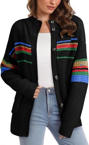 Dokotoo Womens Cardigan Sweaters Long Sleeve Casual Striped Color Block Cable Knit Fall Outfits with Pockets in Saudi Arabia