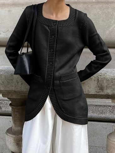 Saodimallsu Womens Button Down Cardigan Sweaters Long Sleeve Crew Neck Knit Casual Loose Sweater Coat with Pockets in Saudi Arabia