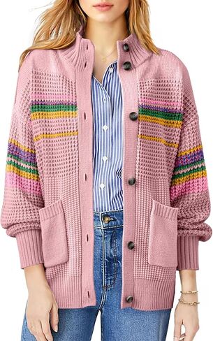 Dokotoo Womens Cardigan Sweaters Long Sleeve Casual Striped Color Block Cable Knit Fall Outfits with Pockets in Saudi Arabia