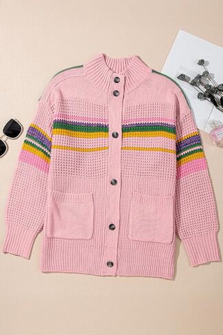 Dokotoo Womens Cardigan Sweaters Long Sleeve Casual Striped Color Block Cable Knit Fall Outfits with Pockets in Saudi Arabia