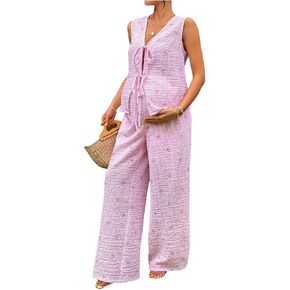 MakeMeChic Women's Boho Maternity 2 Piece Striped Outfits Bow Print Tie Front Tank Top and Pants Pregnancy Set in Kuwait