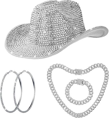Hercicy Cowgirl Outfit for Women Silver Rhinestone Cowboy Hat with Bling Cuban Link Chain Necklace Bracelet Circle Earring in Saudi Arabia