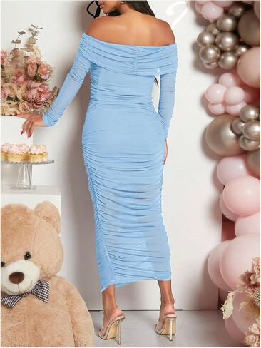 OYOANGLE Women's Maternity Dress Off The Shoulder Long Sleeve Ruched Elegant Bodycon Maxi Dresses in Saudi Arabia