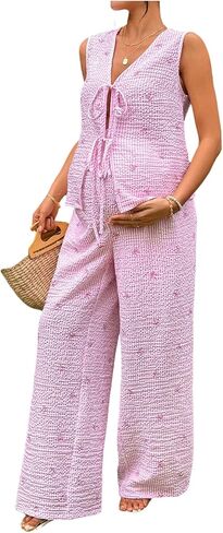 MakeMeChic Women's Boho Maternity 2 Piece Striped Outfits Bow Print Tie Front Tank Top and Pants Pregnancy Set in Saudi Arabia
