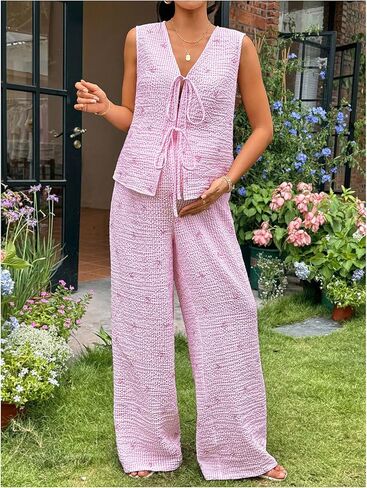 MakeMeChic Women's Boho Maternity 2 Piece Striped Outfits Bow Print Tie Front Tank Top and Pants Pregnancy Set in Saudi Arabia
