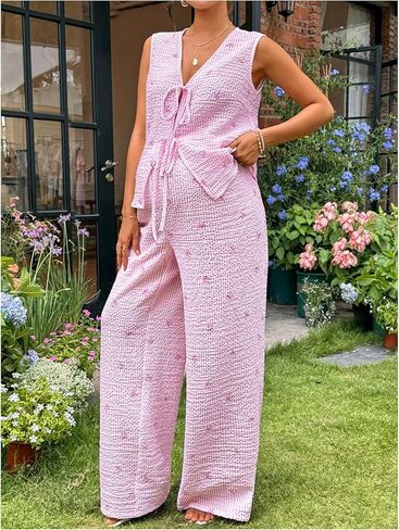 MakeMeChic Women's Boho Maternity 2 Piece Striped Outfits Bow Print Tie Front Tank Top and Pants Pregnancy Set in Saudi Arabia