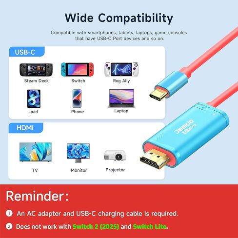 كابل USB C إلى HDMI متوافق مع نينتندو سويتش NS/OLED/Steam Deck/ROG Ally، قاعدة توصيل تلفزيون محمولة لعكس الشاشة، 4K@60 هرتز، 2 متر/6.6 قدم، أسود in Kuwait