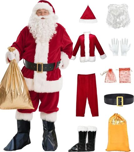 Santa Claus Costume for Men 9Pcs Santa Costume, Santa Suit Adults Men Professional Christmas Adult Santa Outfit in Kuwait