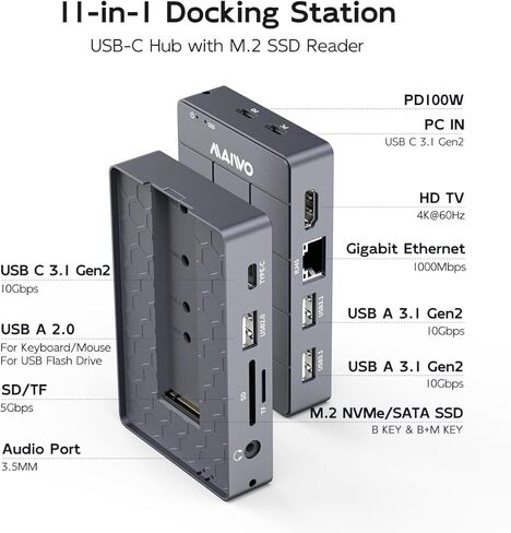 MAIWO Hard Drive Enclosure for 2.5/3.5 inch SATA SSD/HDD with HUB Extension, USB 3.0 Type-A, USB 3.1 Type-C, SD/TF Card, HD-MI, Gigabit Ethernet, 3.5mm Au-dio, Aluminium Alloy Case in Kuwait