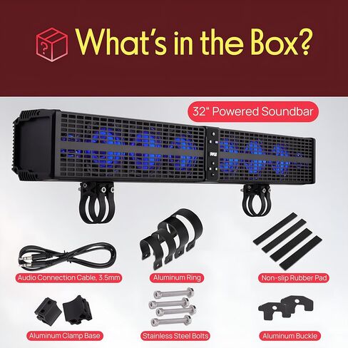Pyle 32" Powered ATV/UTV Soundbar System, 200W Bluetooth Speakers with Built-in Amplifier, Waterproof and Weatherproof, Wireless BT Streaming and Auxiliary Input, LED Lights in Saudi Arabia