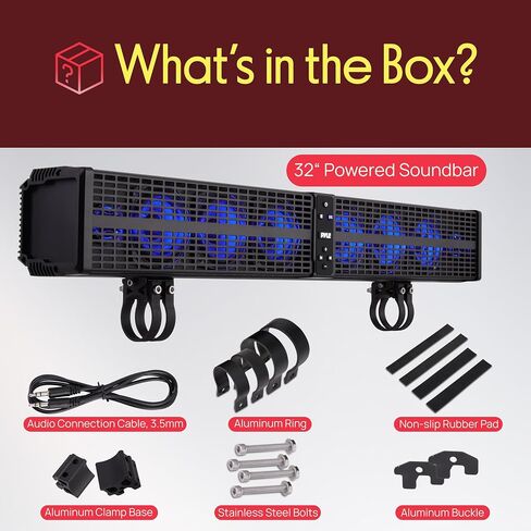 Pyle 32" Powered ATV/UTV Soundbar System, 200W Bluetooth Speakers with Built-in Amplifier, Waterproof and Weatherproof, Wireless BT Streaming and Auxiliary Input, LED Lights in Saudi Arabia