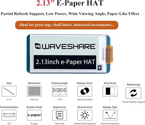 Waveshare 2PCS 2.13 بوصة E-Ink Display HAT V4 الإصدار، أسود/أبيض بلونين 250x122 بكسل ورق إلكتروني لـ Raspberry Pi 5/4B/3B+/3B/2B/Zero W/WH/Zero 2 W/Jetson Nano SPI Interface، دعم التحديث الجزئي in Saudi Arabia
