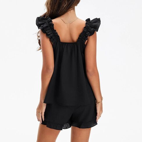 Women's Pajama Sets 2-Piece Ruffle Pj Tank Top and Shorts Two Piece Outfits Summer Sleepwear Nightwear Bridal Pajamas in Saudi Arabia