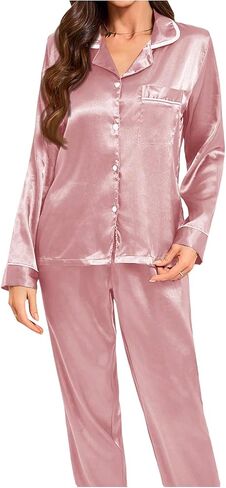 OYOANGLE Women's 2 Piece Silk Satin Pajama Sets Pocket Front Button Down V Neck Long Sleeve Pajamas Sets Sleepwear in Saudi Arabia