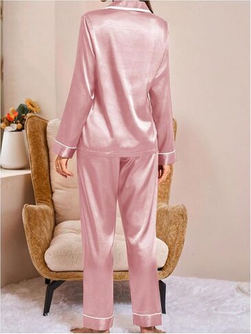 OYOANGLE Women's 2 Piece Silk Satin Pajama Sets Pocket Front Button Down V Neck Long Sleeve Pajamas Sets Sleepwear in Saudi Arabia