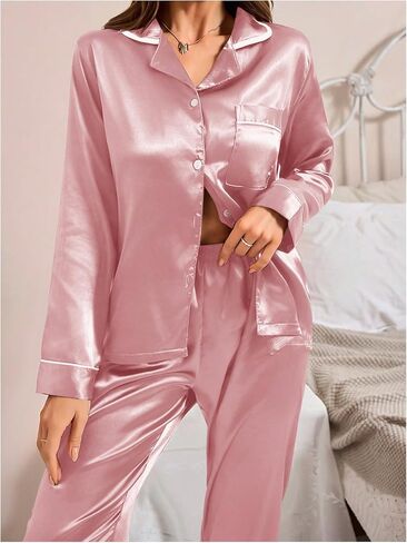 OYOANGLE Women's 2 Piece Silk Satin Pajama Sets Pocket Front Button Down V Neck Long Sleeve Pajamas Sets Sleepwear in Saudi Arabia