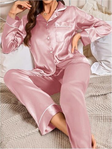 OYOANGLE Women's 2 Piece Silk Satin Pajama Sets Pocket Front Button Down V Neck Long Sleeve Pajamas Sets Sleepwear in Saudi Arabia