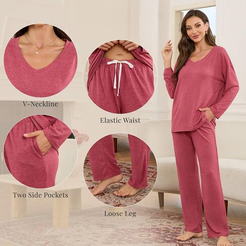 HEARTNICE Women's Ultra Soft V-Neck Long Sleeve Pajama Set - Lightweight & Stretchy PJs for Cozy Nights in Saudi Arabia