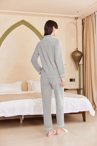 Ekouaer Women's Fleece Pajama Sets Long Sleeve Button Down Two-piece Sleepwear Soft Lounge Set in Saudi Arabia