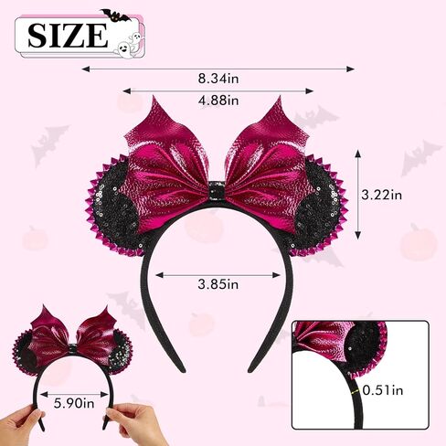 LYLIN Halloween Mouse Ears for Women Girls, PU Bat Mouse Ears with Rivet, Sparkle Bat Bow Ears for Halloween Trips Party Themed Events Costume Cosplay Decoration in Kuwait