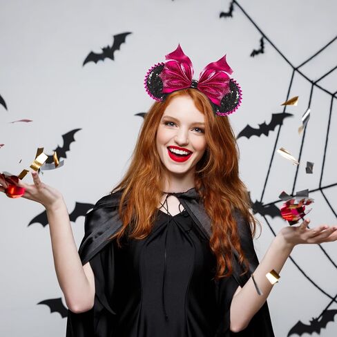 LYLIN Halloween Mouse Ears for Women Girls, PU Bat Mouse Ears with Rivet, Sparkle Bat Bow Ears for Halloween Trips Party Themed Events Costume Cosplay Decoration in Kuwait