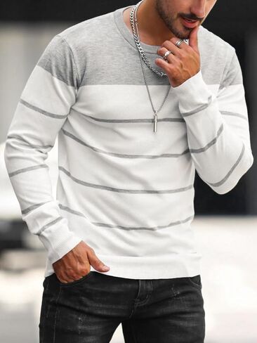 ZAFUL Men's Color Block Striped Pullover Sweater Crewneck Long Sleeve Sweater Slim Fit Casual Sweatshirts in Saudi Arabia