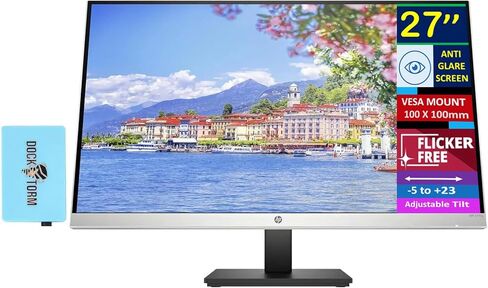 HP 27" QHD IPS (2560x1440) Monitor Bundle with Docztorm Dock, 60Hz Refresh Rate, 1 HDMI 1.4, 1 VGA, Anti-Glare, VESA Mount (100x100 mm), Ideal for Home & Business, Black/Silver (2024 Latest Model) in Saudi Arabia