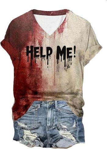 قمصان الهالوين الدموية للسيدات، تي شيرت رعب مضحك لبقع الدم، قميص رعب للهالوين، فيلم رعب، جرافيك علوي in Kuwait
