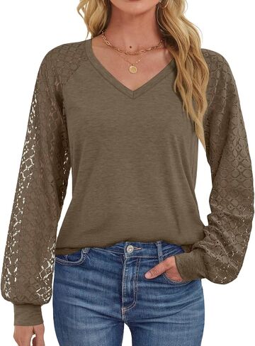 ATHMILE Womens Long Sleeve Shirts V-Neck Lace Tops Business Casual Blouses Tee 2025 Trendy Fall Fashion Outfits Clothes in Saudi Arabia