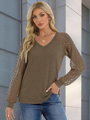 ATHMILE Womens Long Sleeve Shirts V-Neck Lace Tops Business Casual Blouses Tee 2025 Trendy Fall Fashion Outfits Clothes in Saudi Arabia