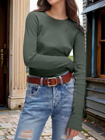 ANRABESS Women's Long Sleeve Waffle Knit Shirts Casual Slim Fitted Crew Neck Thermal Tops Basic Tee 2025 Fall Trendy Outfits in Saudi Arabia