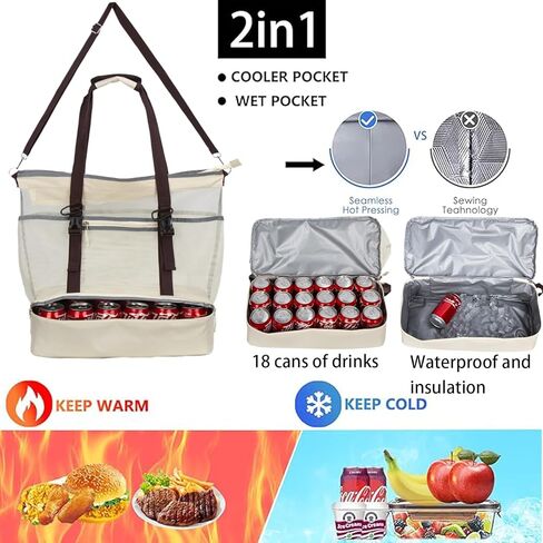 Mesh Beach Bag with Cooler Large Travel Family Vacation Essentials Pool Swimming Zipper Pocket Durable 9 Pockets in Saudi Arabia