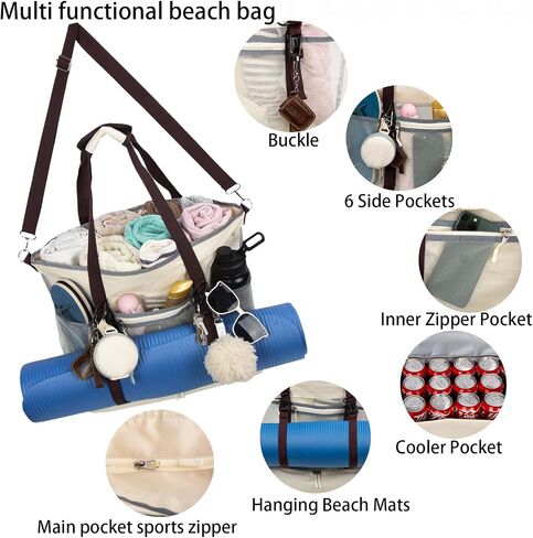 Mesh Beach Bag with Cooler Large Travel Family Vacation Essentials Pool Swimming Zipper Pocket Durable 9 Pockets in Saudi Arabia