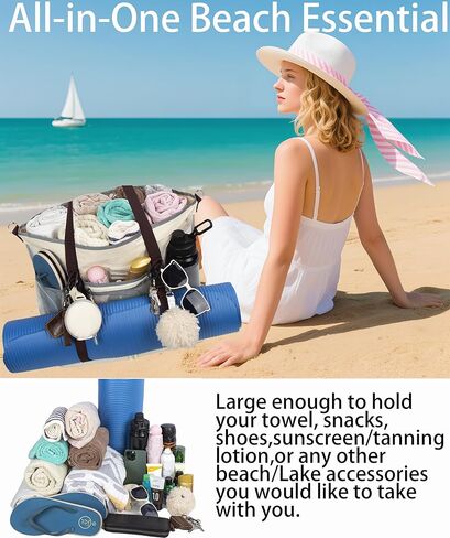 Mesh Beach Bag with Cooler Large Travel Family Vacation Essentials Pool Swimming Zipper Pocket Durable 9 Pockets in Saudi Arabia