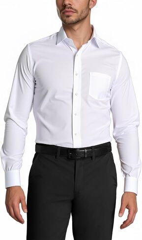 Mens Dress Shirts Long Sleeve Collared Stretch Solid Formal Wedding Dating Business Casual Button Down Shirt Pocket in Saudi Arabia