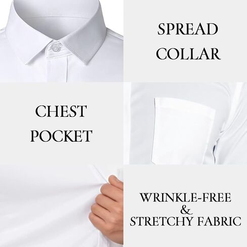 Mens Dress Shirts Long Sleeve Collared Stretch Solid Formal Wedding Dating Business Casual Button Down Shirt Pocket in Saudi Arabia