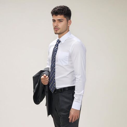 Mens Dress Shirts Long Sleeve Collared Stretch Solid Formal Wedding Dating Business Casual Button Down Shirt Pocket in Saudi Arabia