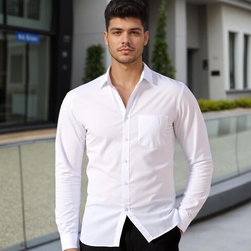 Mens Dress Shirts Long Sleeve Collared Stretch Solid Formal Wedding Dating Business Casual Button Down Shirt Pocket in Saudi Arabia