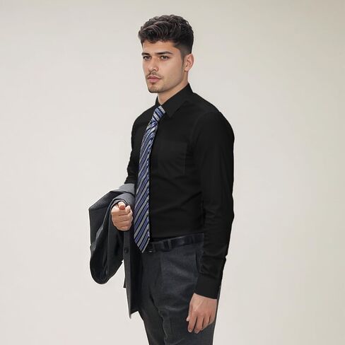 Mens Dress Shirts Long Sleeve Collared Stretch Solid Formal Wedding Dating Business Casual Button Down Shirt Pocket in Saudi Arabia