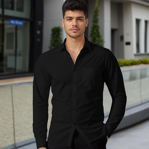 Mens Dress Shirts Long Sleeve Collared Stretch Solid Formal Wedding Dating Business Casual Button Down Shirt Pocket in Saudi Arabia