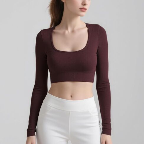 Seamless Long Sleeve Workout Top with Square Neck Lightweight Stretch Fit for Yoga and Gym in Saudi Arabia