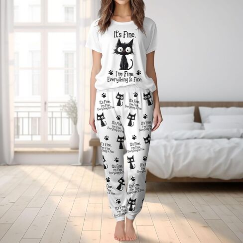 Women's Short-Sleeve Crewneck Pajama Set, 2-Piece Sleepwear Lounge Jogger Outfit for Her Winter 2025 in Saudi Arabia