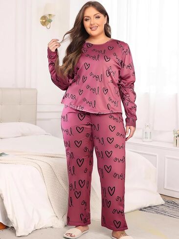 Women's Plus Size Pajama Set Sleepwear Two-Piece Lounge Set with Heart Print in Saudi Arabia