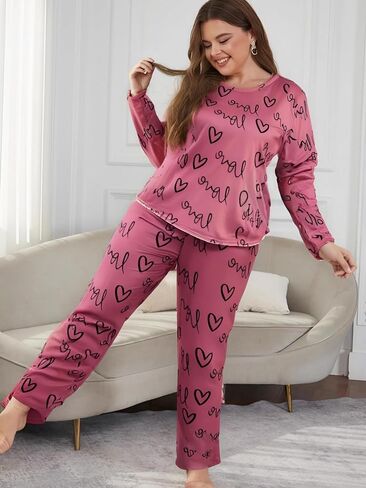Women's Plus Size Pajama Set Sleepwear Two-Piece Lounge Set with Heart Print in Saudi Arabia